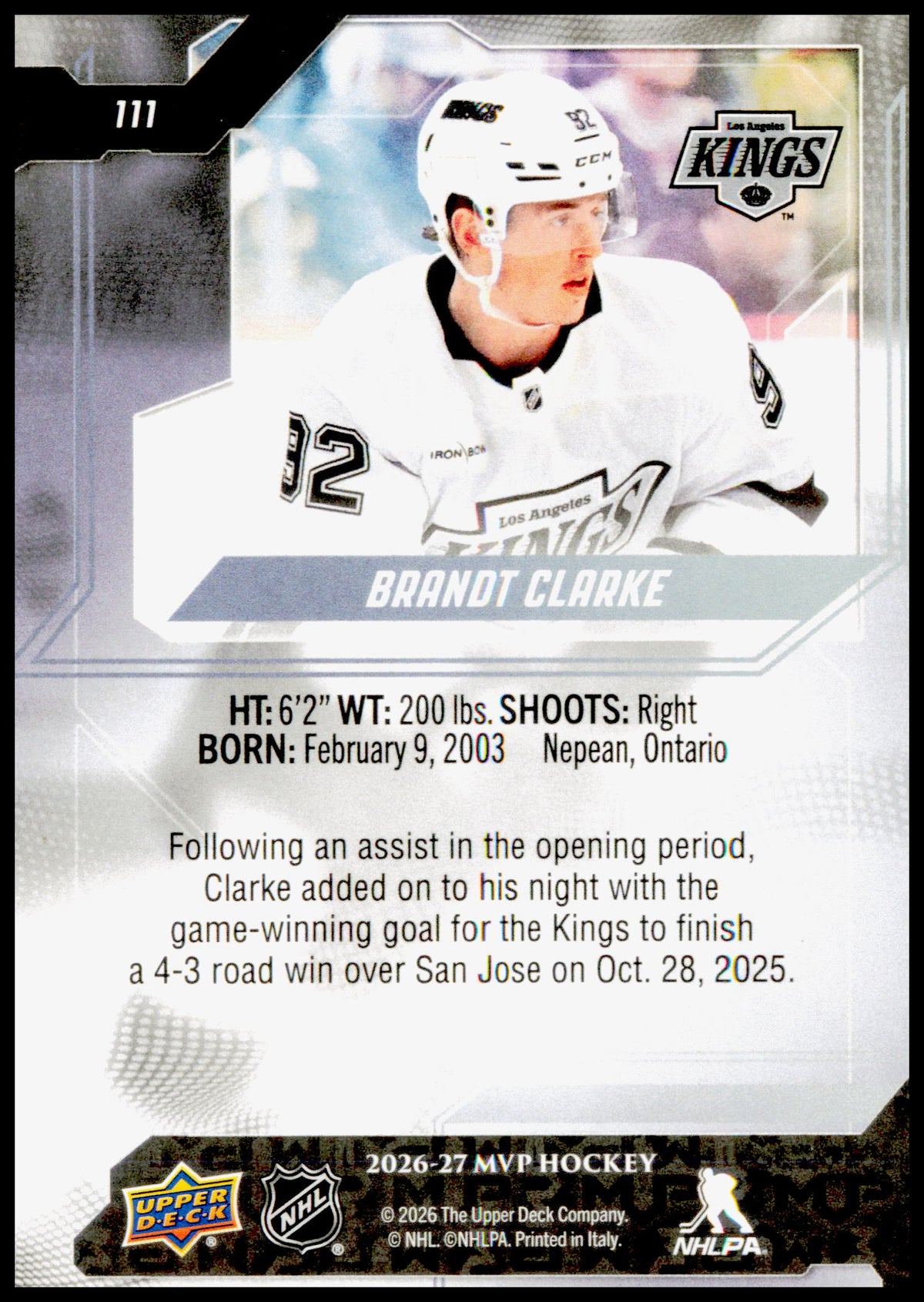 2026-27 Upper Deck MVP Brandt Clarke Card Los Angeles Kings
