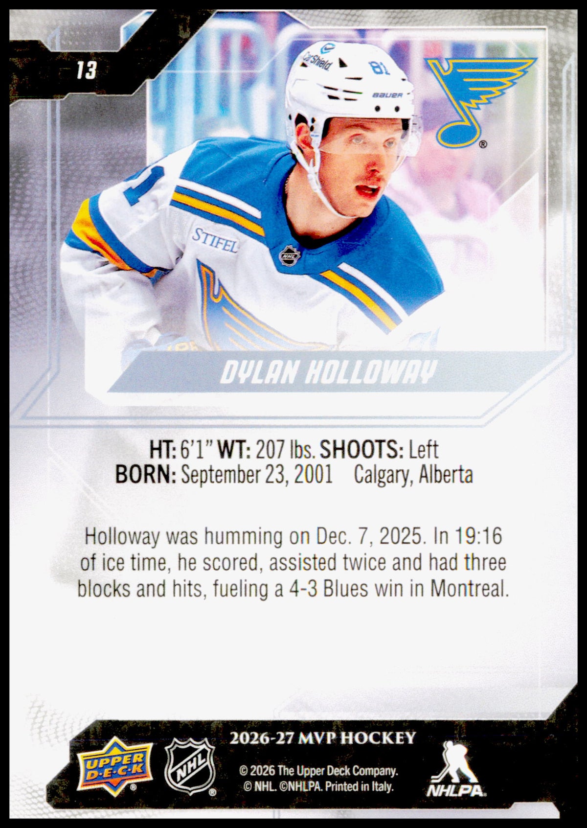 2026-27 Upper Deck MVP Dylan Holloway Card St. Louis Blues