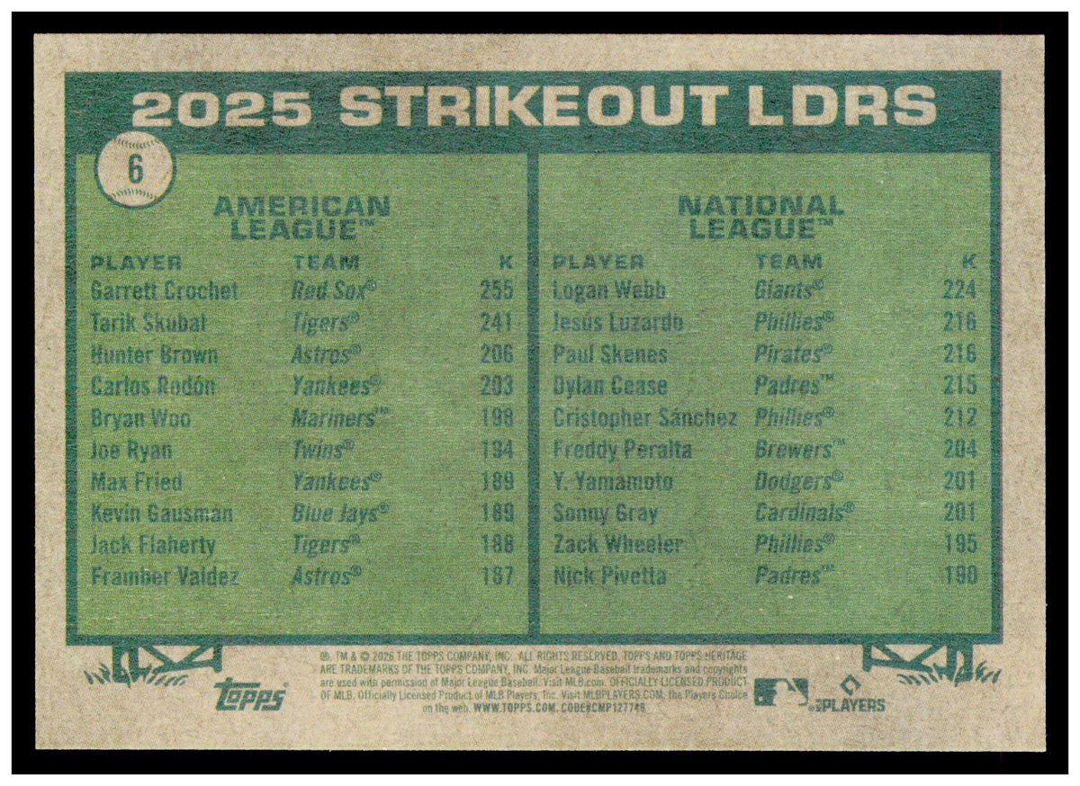 2026 Topps Heritage 2025 Strikeout Leaders Crochet / Webb Red Sox / Giants