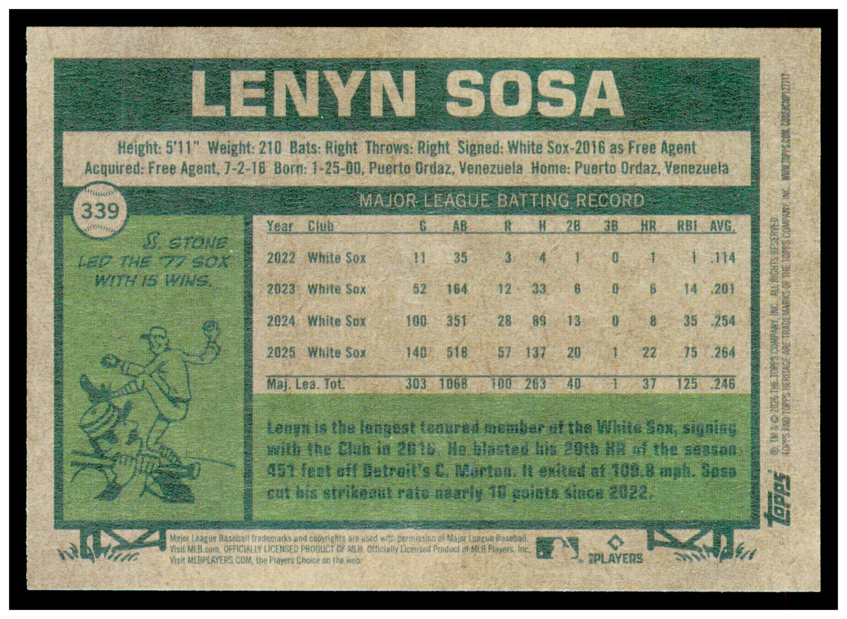 2026 Topps Heritage Lenyn Sosa Card Chicago White Sox