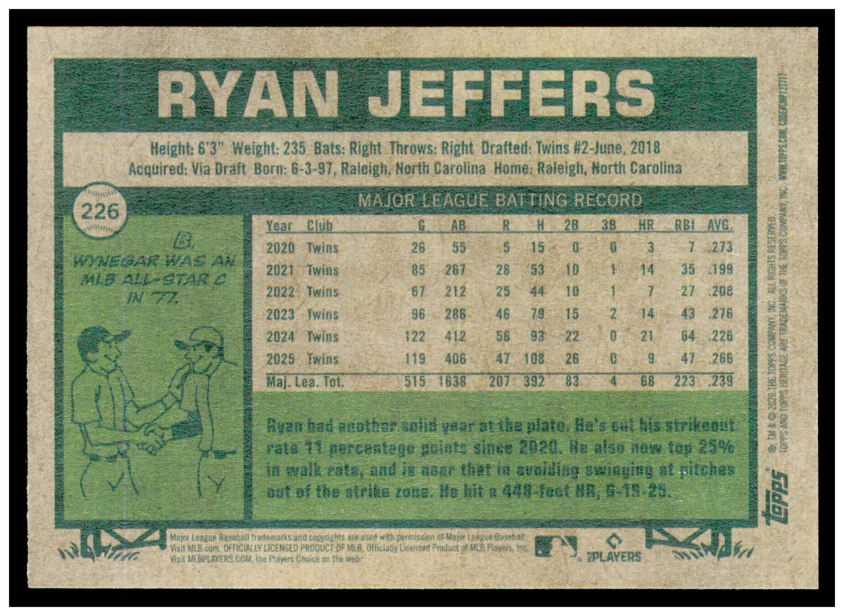 2026 Topps Heritage Ryan Jeffers Card Minnesota Twins