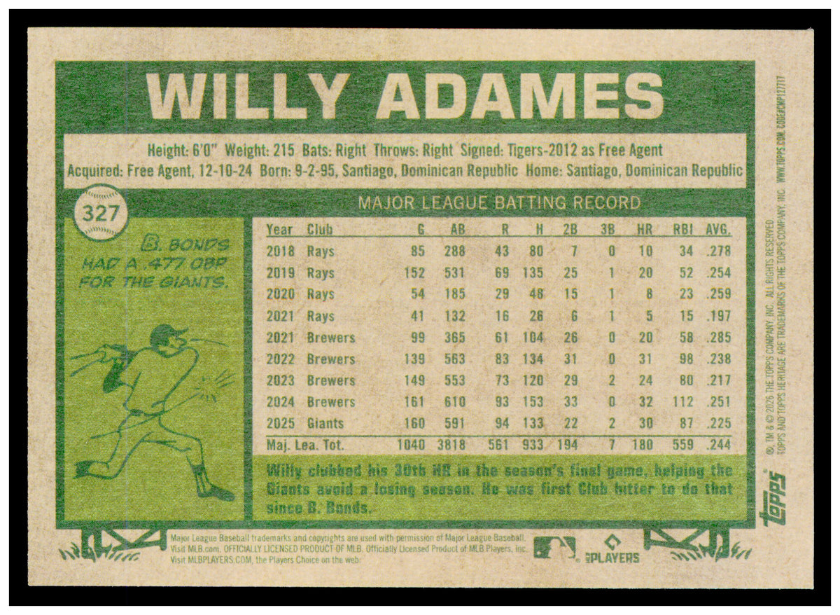 2026 Topps Heritage Willy Adames Card San Francisco Giants