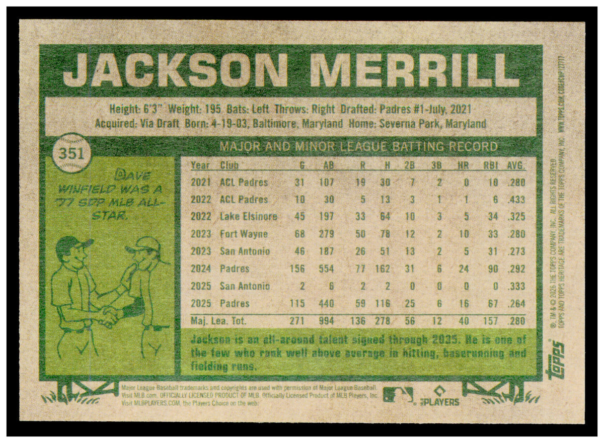2026 Topps Heritage Jackson Merrill Card San Diego Padres