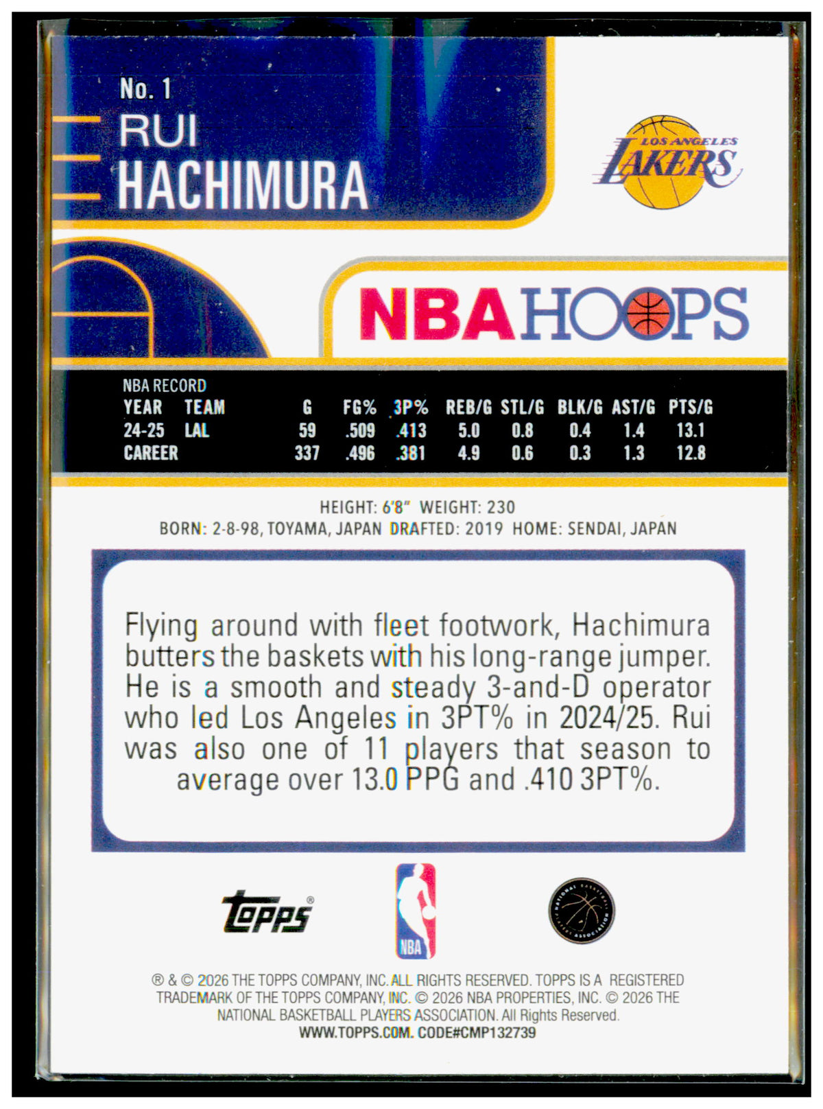 2025-26 Hoops Rui Hachimura Card Los Angeles Lakers