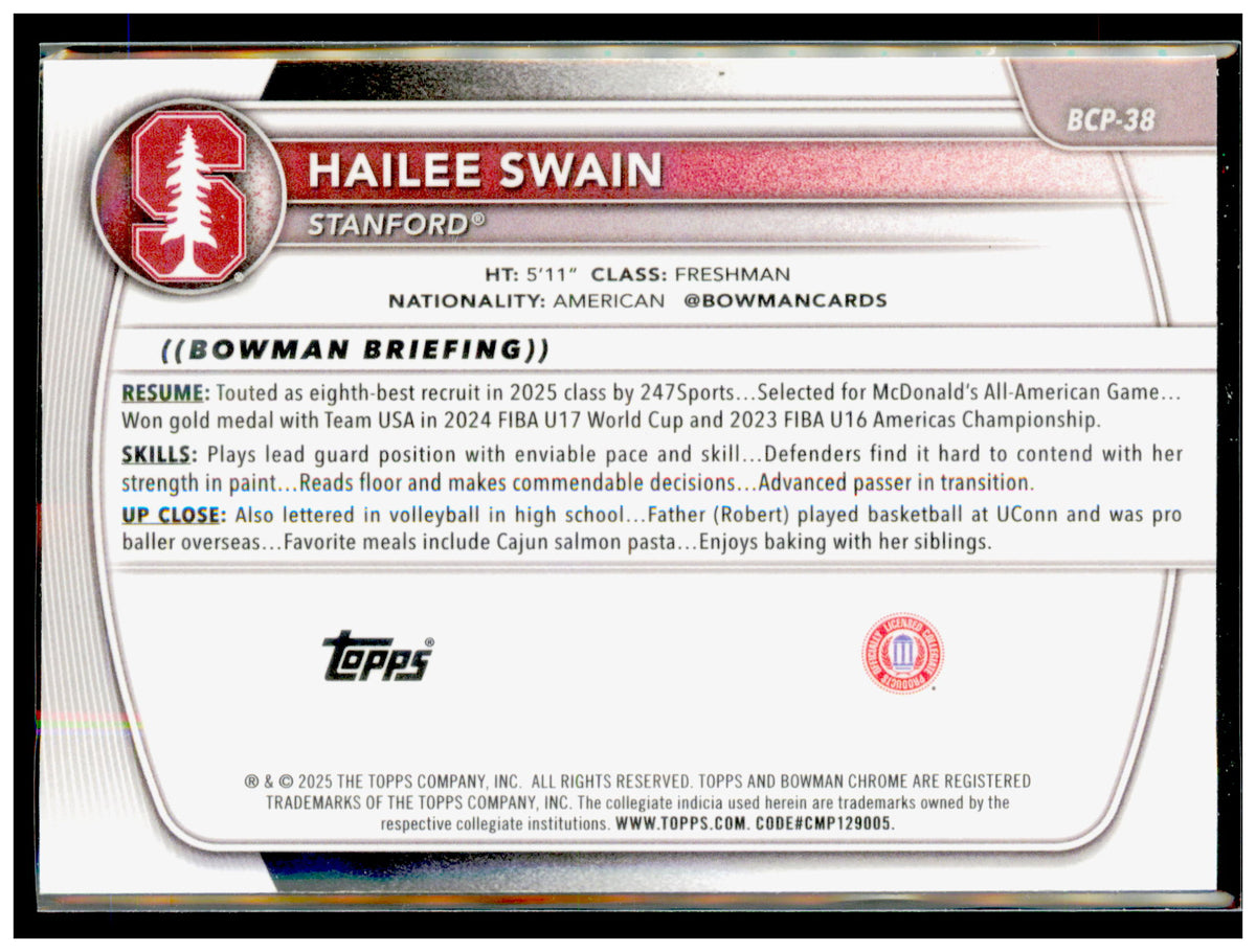 2025-26 Bowman Hailee Swain Card Chrome Prospects Stanford Cardinal