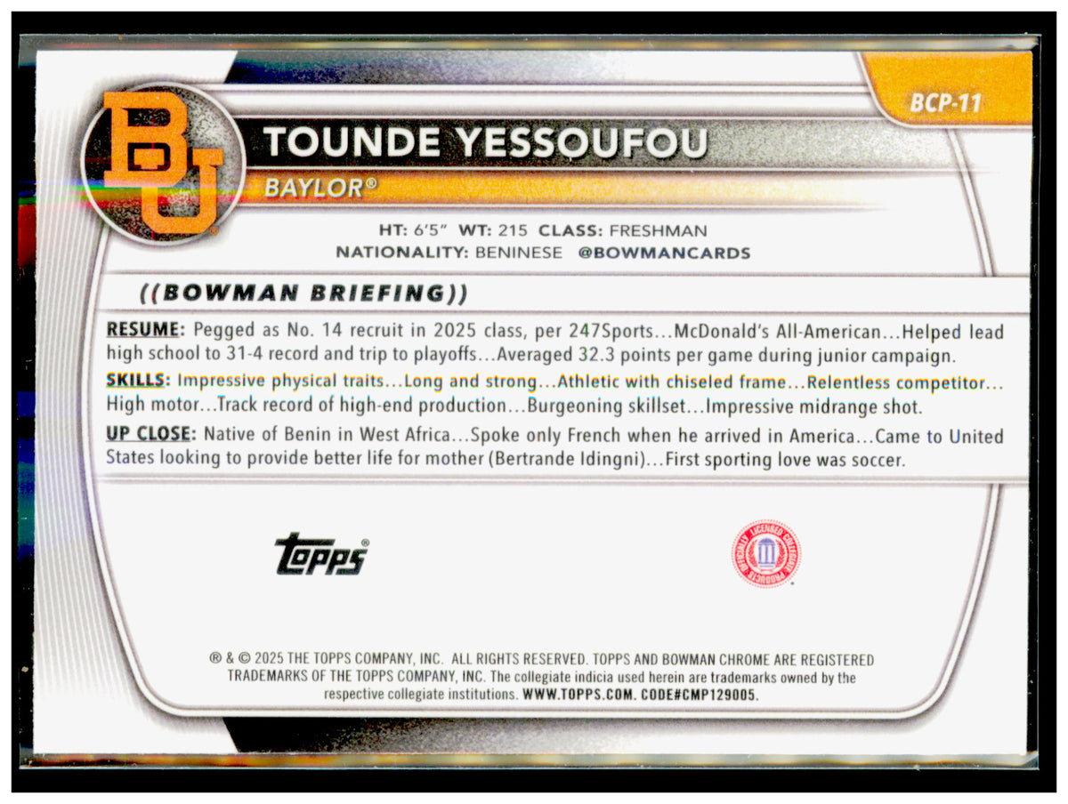 2025-26 Bowman Tounde Yessoufou Card Chrome Prospects Baylor Bears