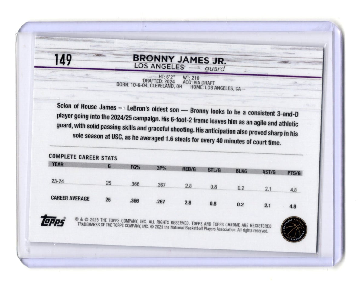 2024-25 Topps Chrome Bronny James Jr. Card RC Los Angeles Lakers