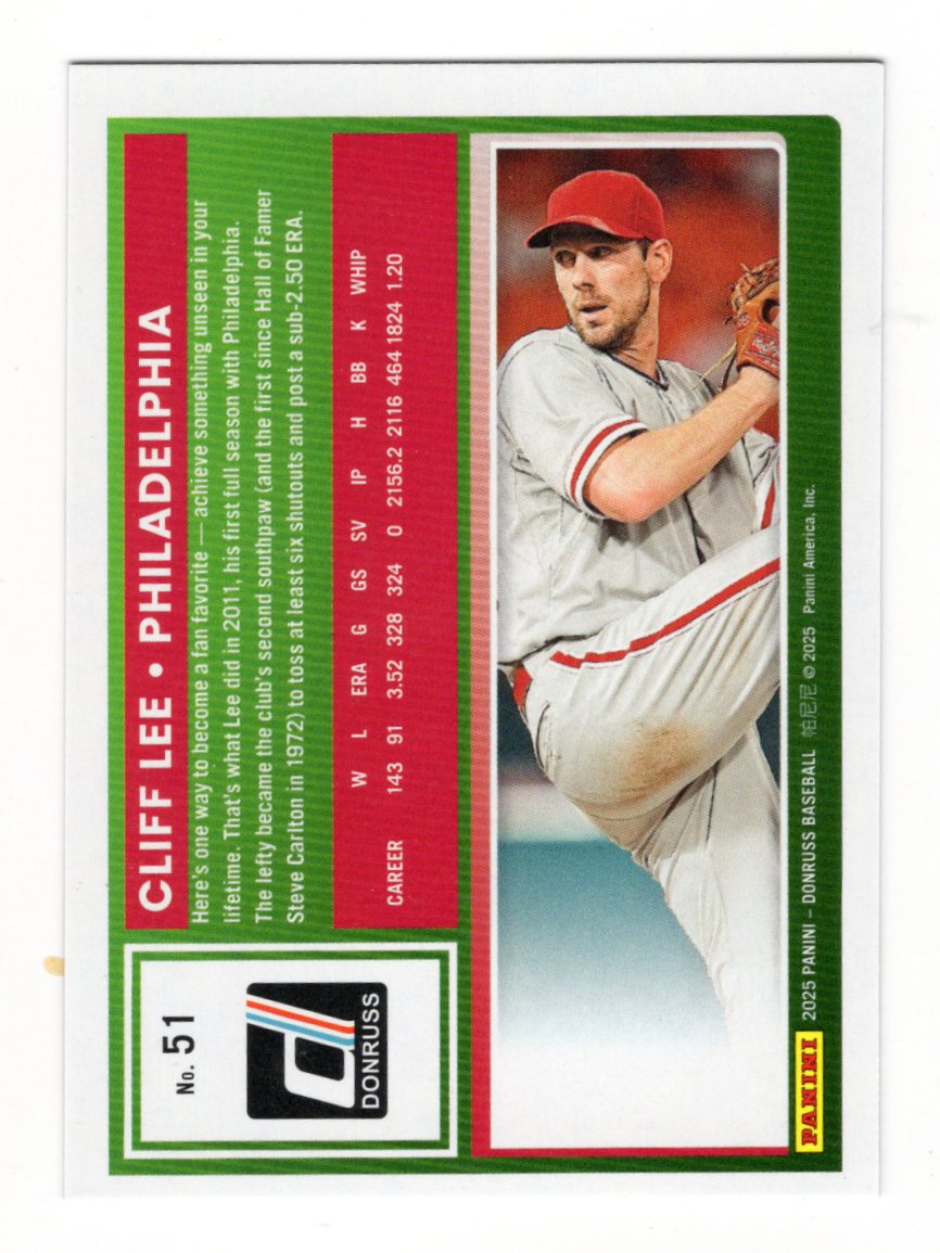 2025 Donruss Cliff Lee Card Red and Blue Philadelphia Phillies