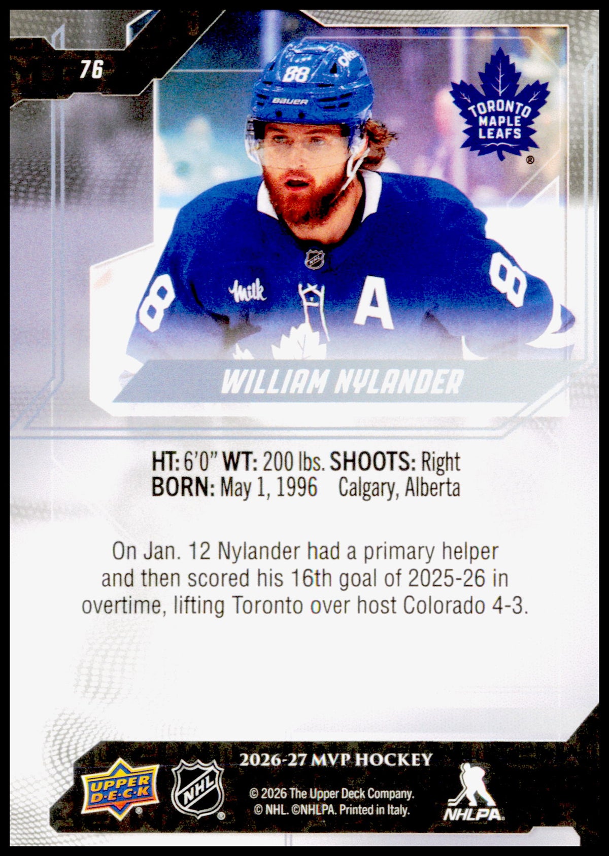 2026-27 Upper Deck MVP William Nylander Card Toronto Maple Leafs