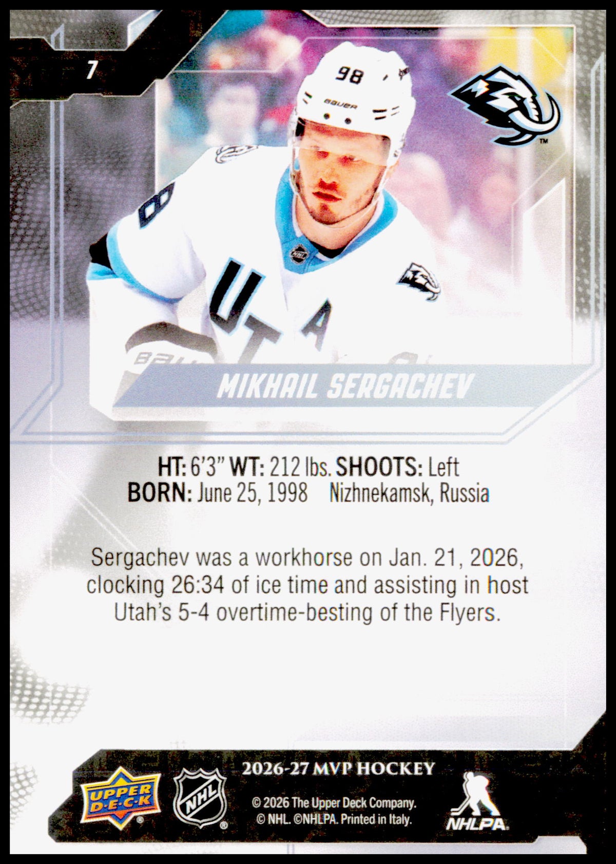 2026-27 Upper Deck MVP Mikhail Sergachev Card Utah Mammoth