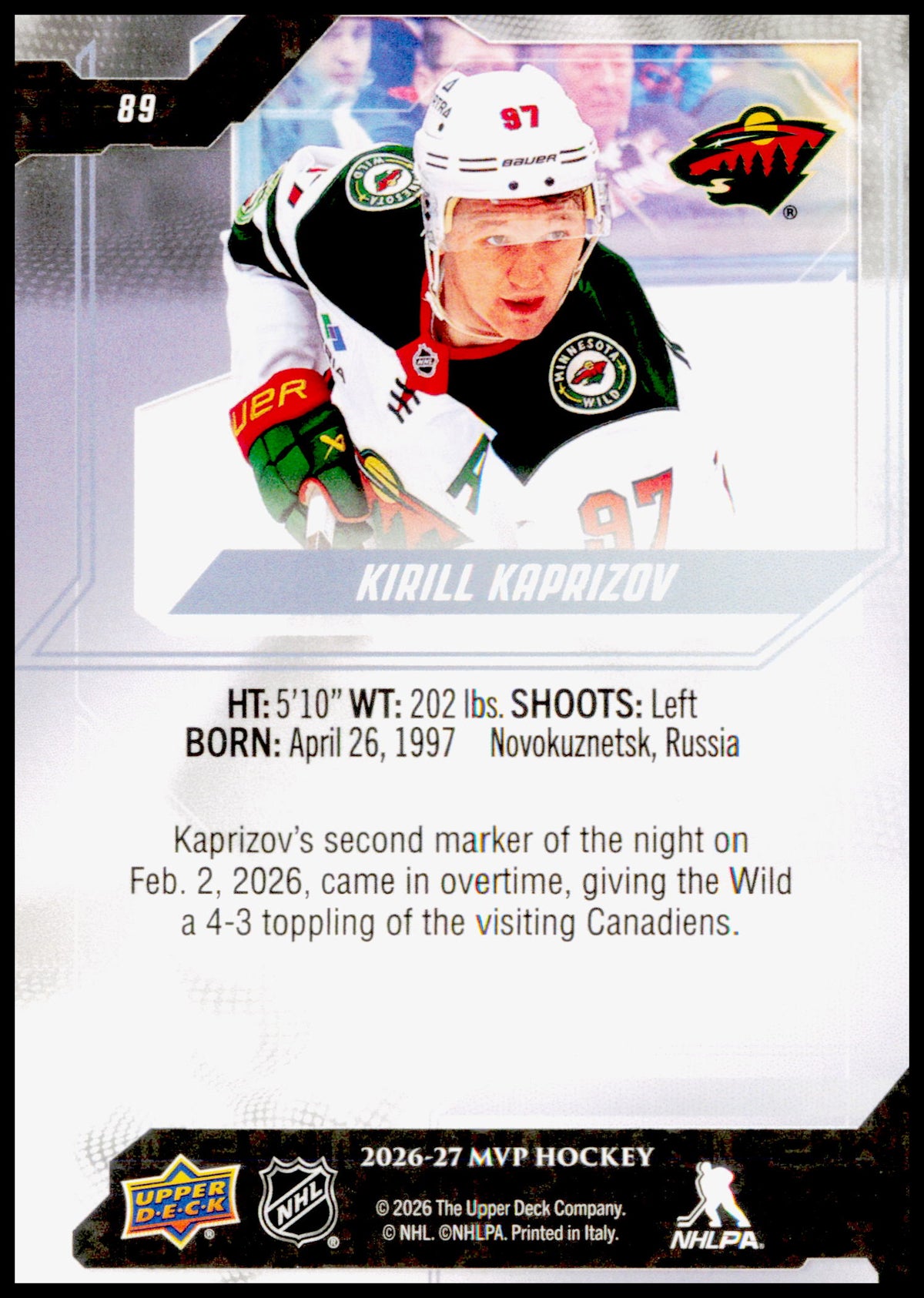 2026-27 Upper Deck MVP Kirill Kaprizov Card Minnesota Wild
