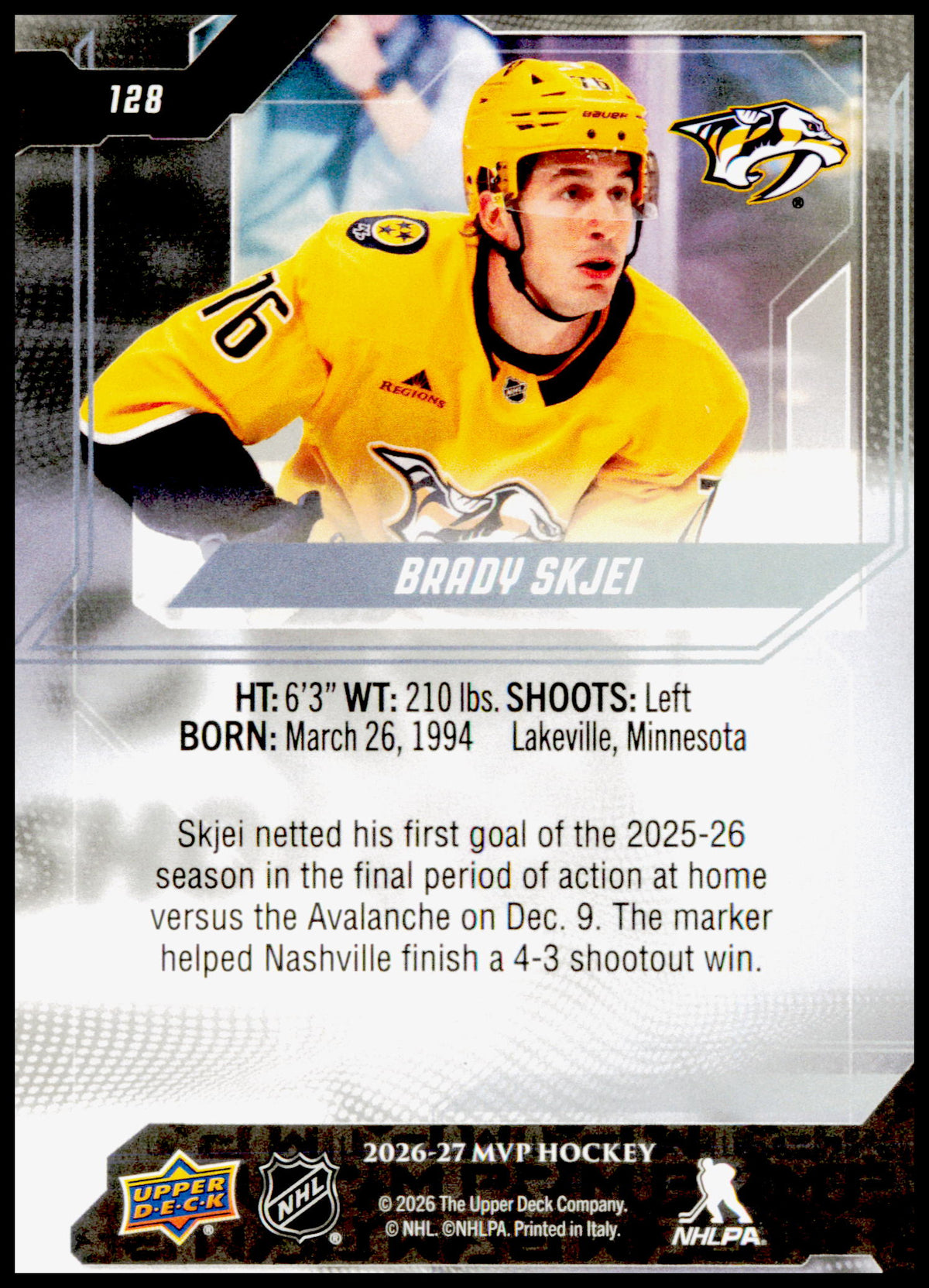 2026-27 Upper Deck MVP Brady Skjei Card Nashville Predators