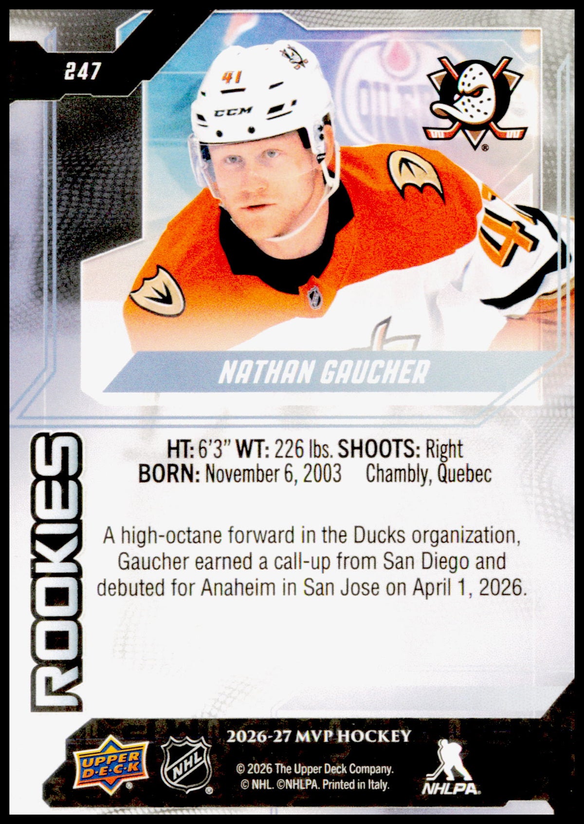 2026-27 Upper Deck MVP Nathan Gaucher Card RC Anaheim Ducks