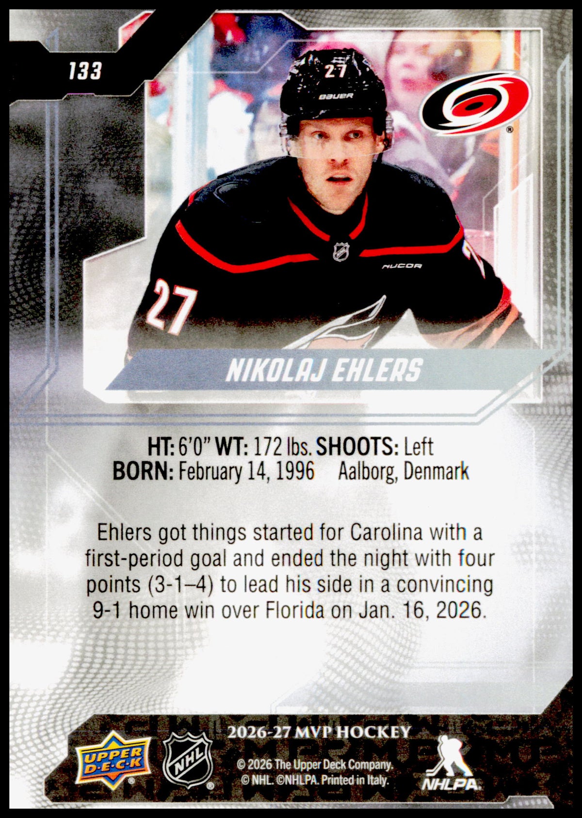 2026-27 Upper Deck MVP Nikolaj Ehlers Card Carolina Hurricanes