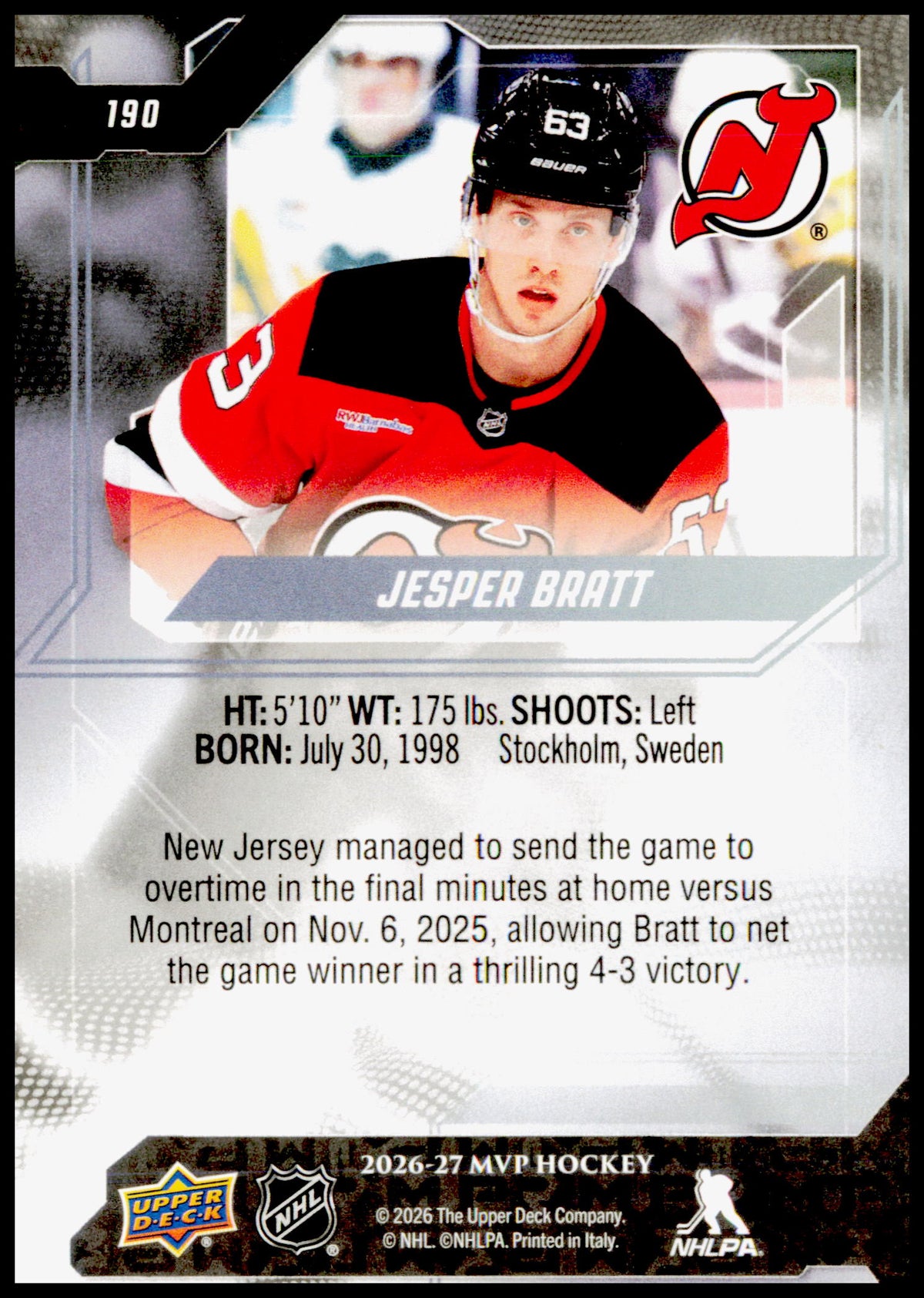 2026-27 Upper Deck MVP Jesper Bratt Card New Jersey Devils