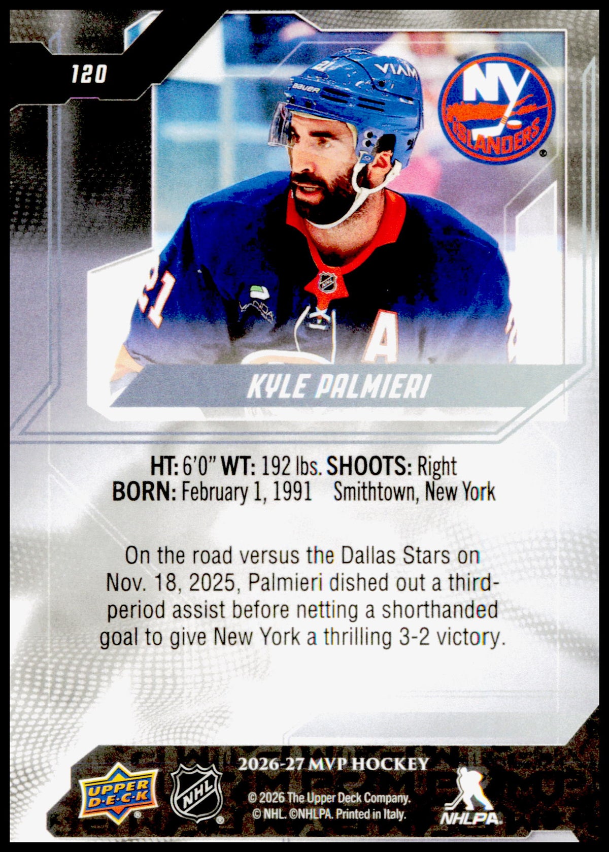 2026-27 Upper Deck MVP Kyle Palmieri Card New York Islanders