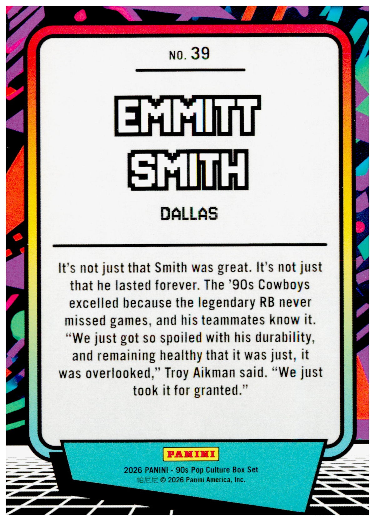 2026 Panini Decades 90s Pop Culture Emmitt Smith Card Dallas Cowboys