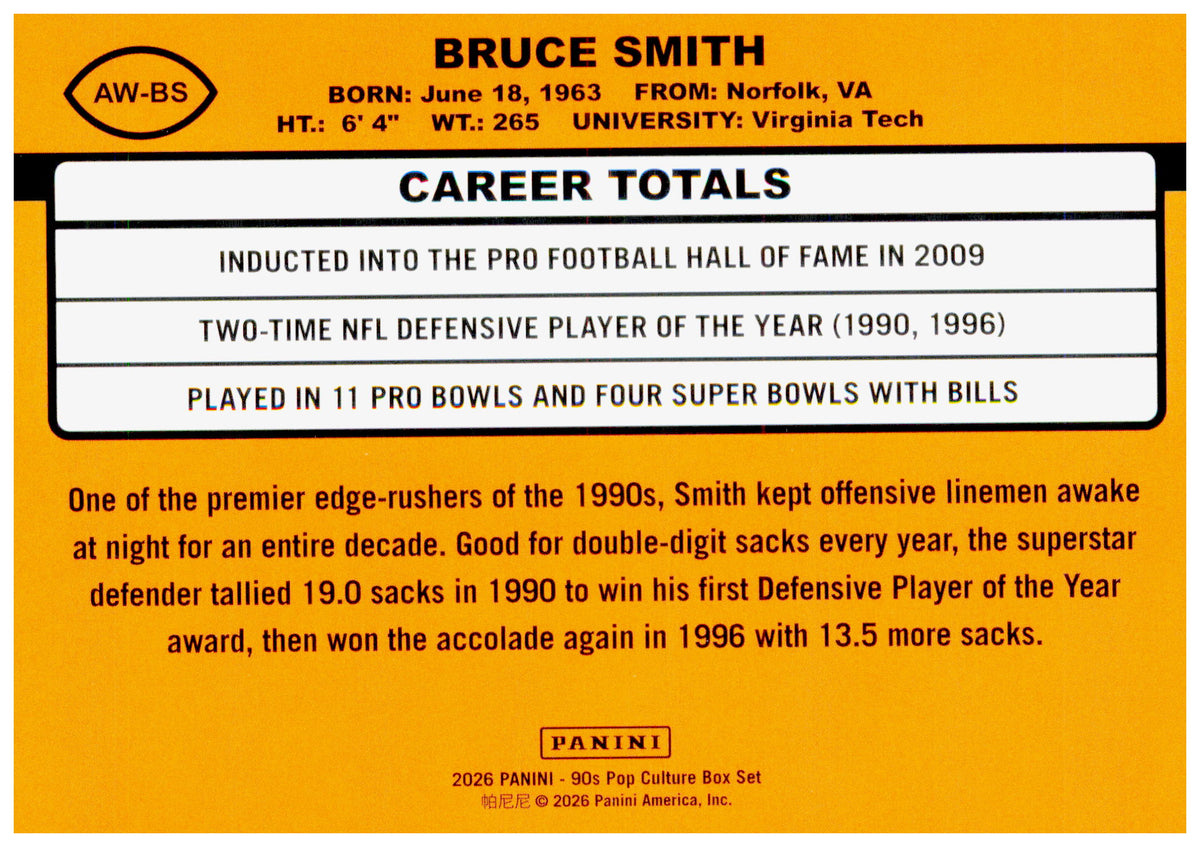 2026 Panini Decades 90s Pop Culture Bruce Smith Card Award Winners Buffalo Bills