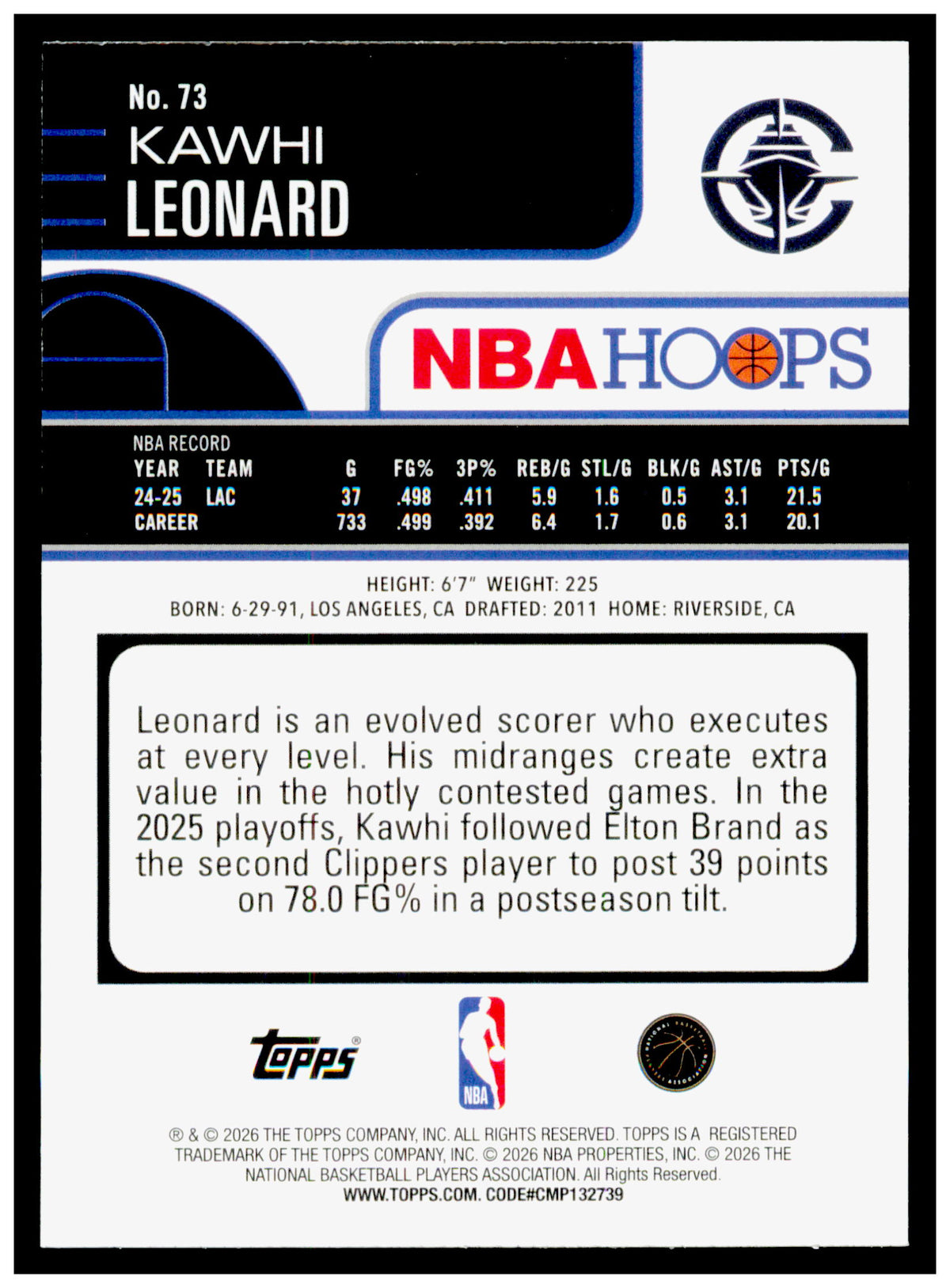 2025-26 Hoops Kawhi Leonard Card Los Angeles Clippers