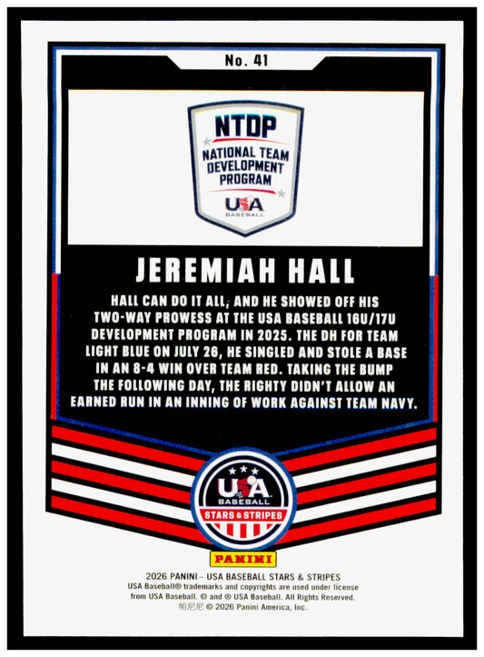 2026 Panini Stars & Stripes Prizm USA Baseball Jeremiah Hall Card usa