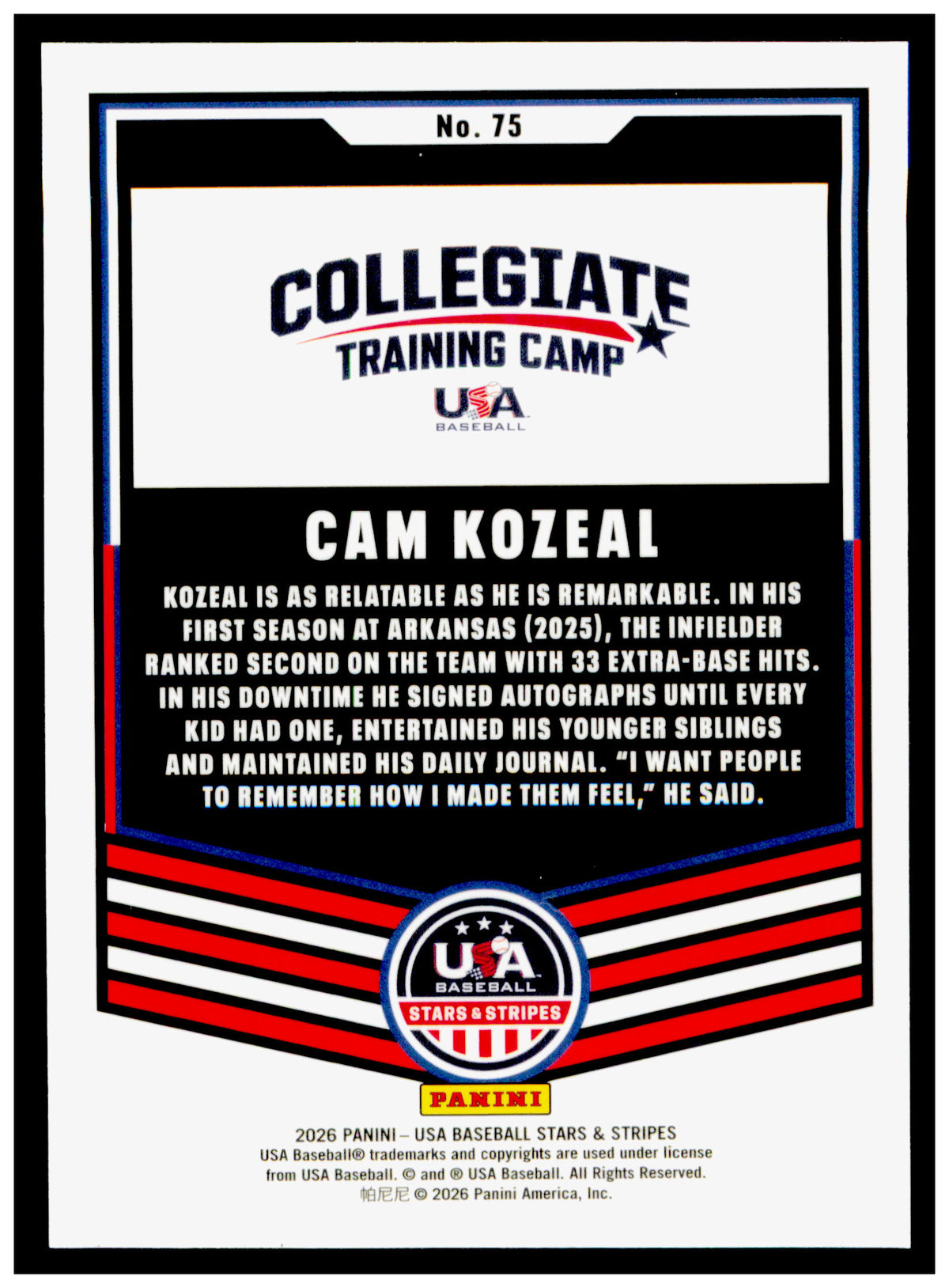 2026 Panini Stars & Stripes Prizm USA Baseball Cam Kozeal Card usa