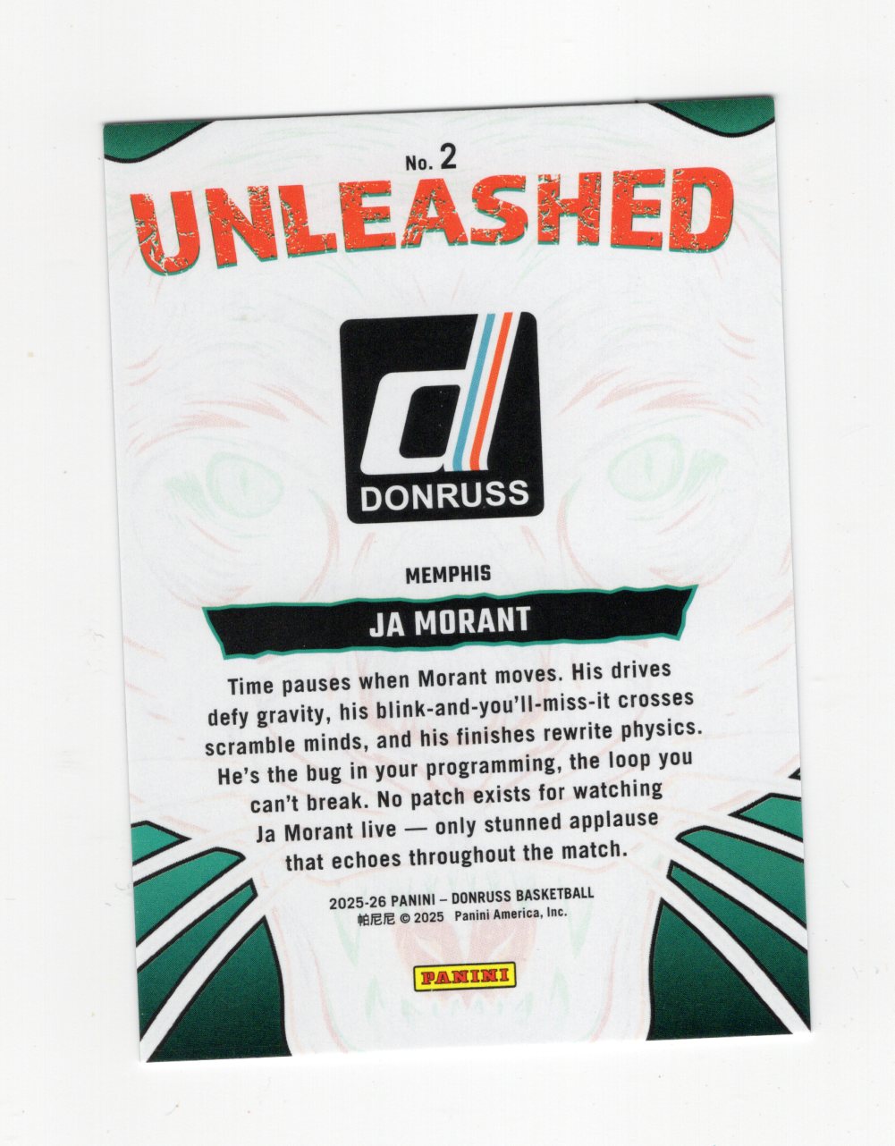 2025-26 Donruss Ja Morant Card Unleashed Holo Green Laser Memphis Grizzlies