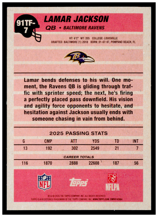 2026 Topps Flagship Lamar Jackson Card 1991 Topps Football Baltimore Ravens