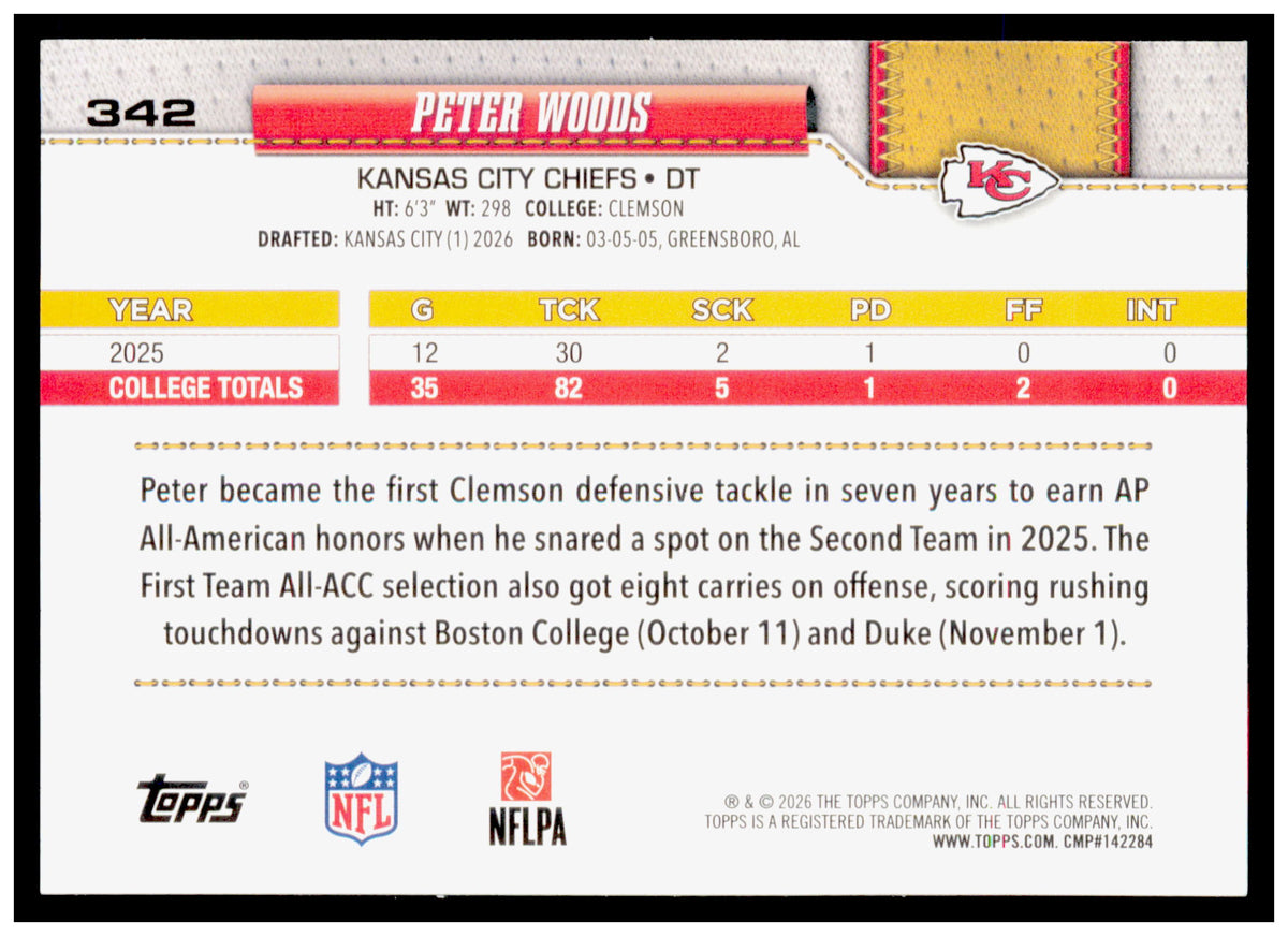 2026 Topps Flagship Peter Woods Card Diamante Foil Kansas City Chiefs