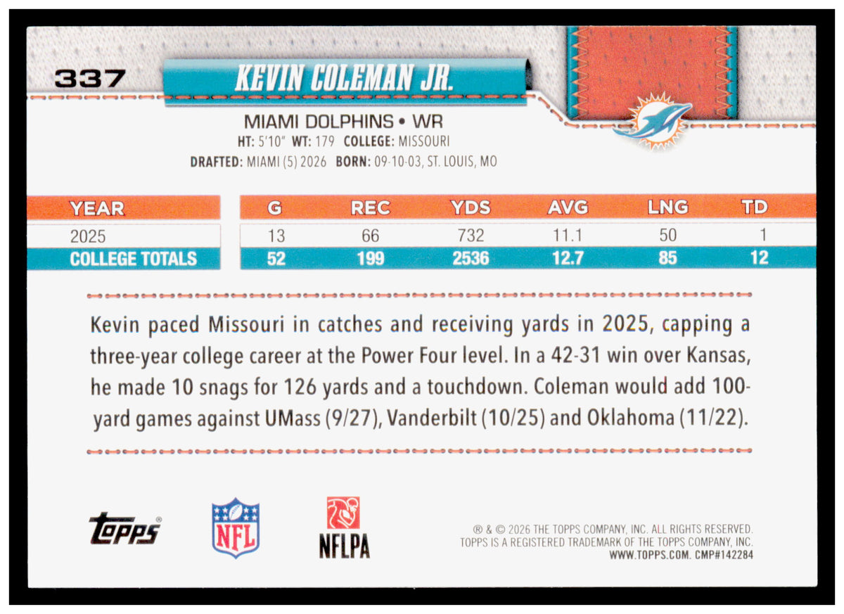 2026 Topps Flagship Kevin Coleman Jr. Card Holo Foil Miami Dolphins