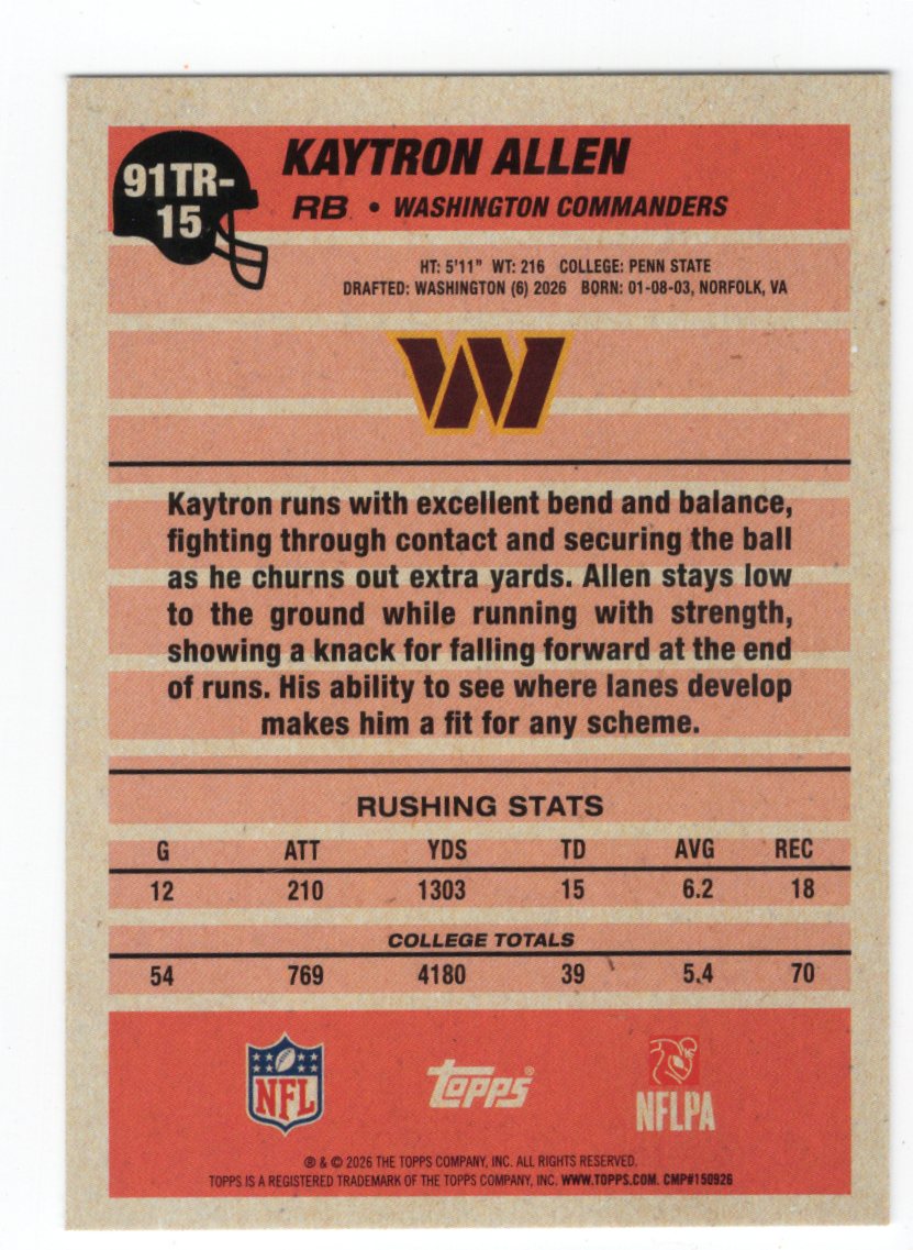 2026 Topps Flagship Kaytron Allen Card 1991 Topps Football Rookies