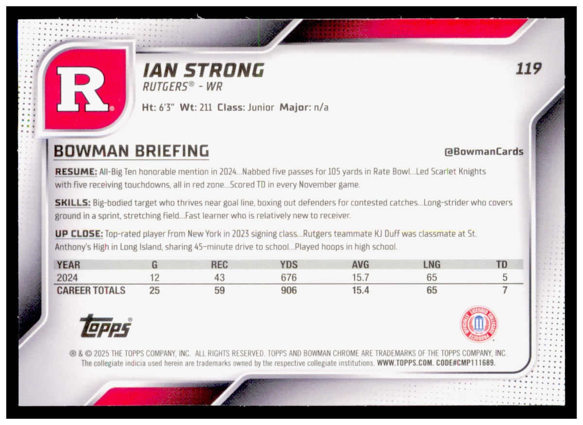 2025 Bowman University Chrome Ian Strong Card Rutgers Scarlet Knights