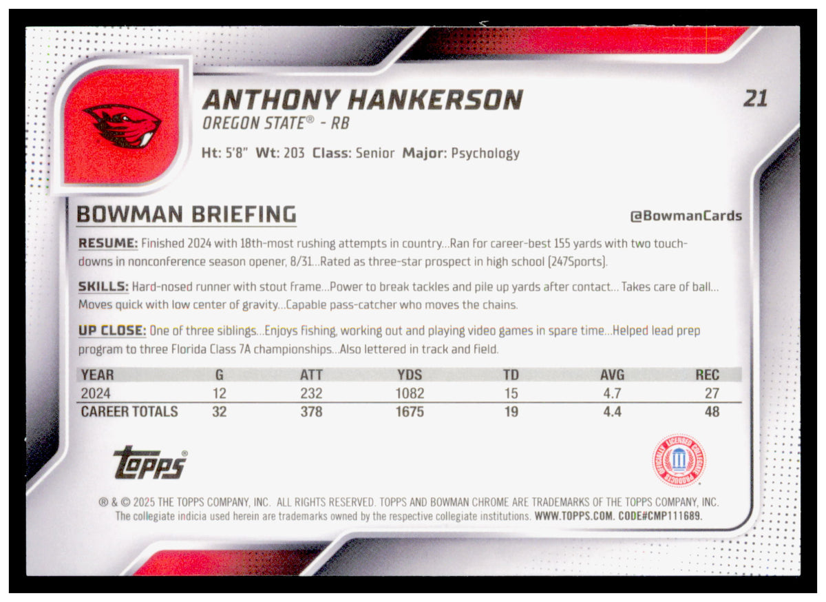 2025 Bowman University Chrome Anthony Hankerson Card Oregon State Beavers