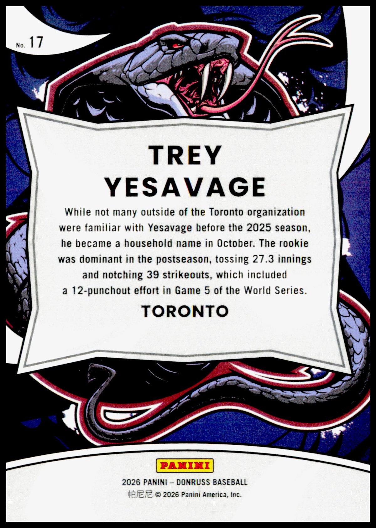 2026 Donruss Trey Yesavage Card Unleashed Holo SN Toronto Blue Jays