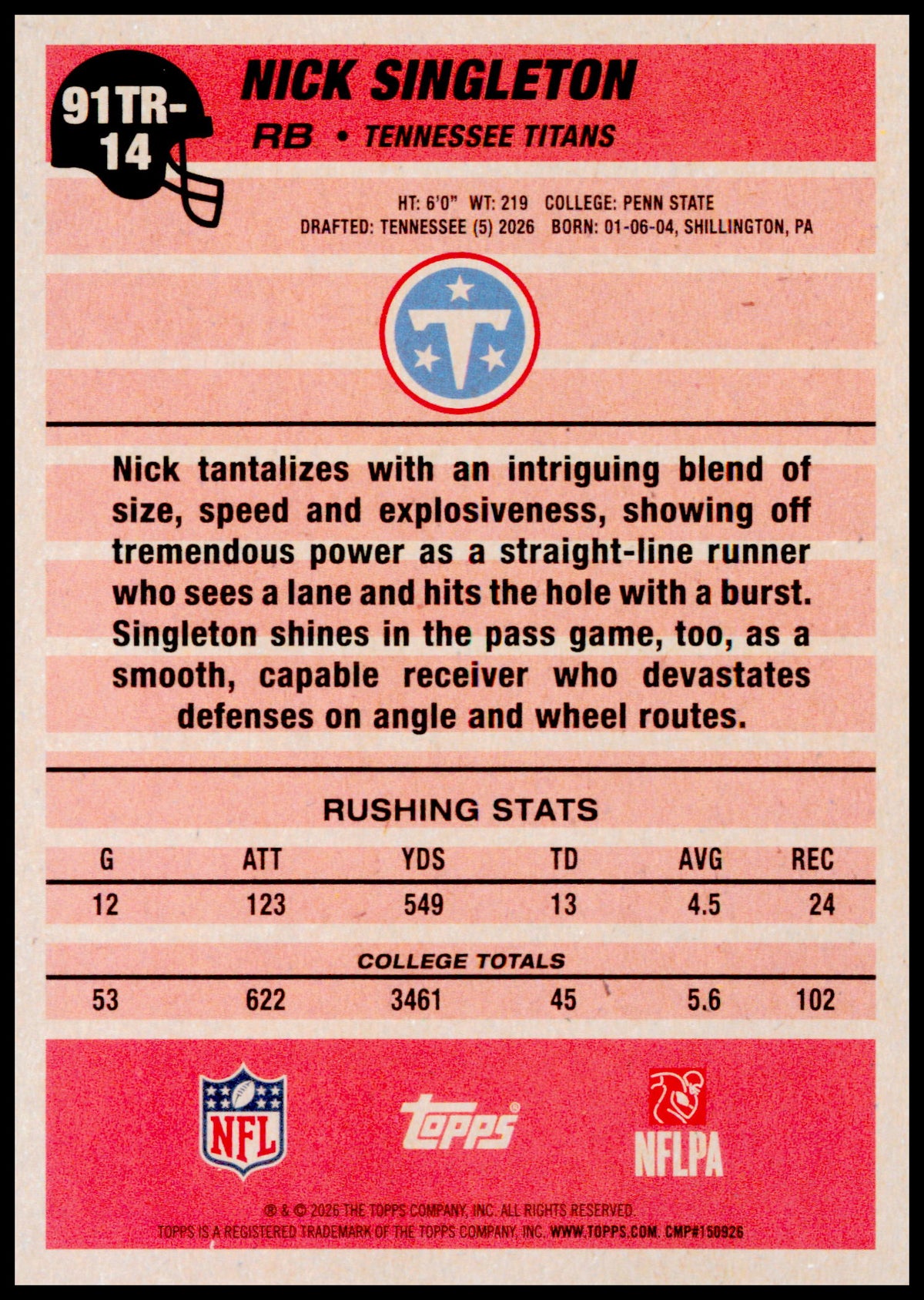 2026 Topps Flagship Nick Singleton Card 1991 Topps Football Rookies Titans