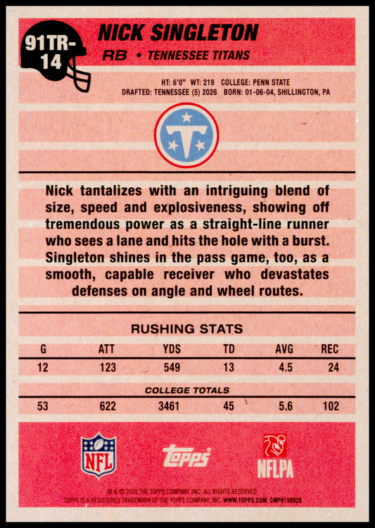 2026 Topps Flagship Nick Singleton Card 1991 Topps Football Rookies Titans
