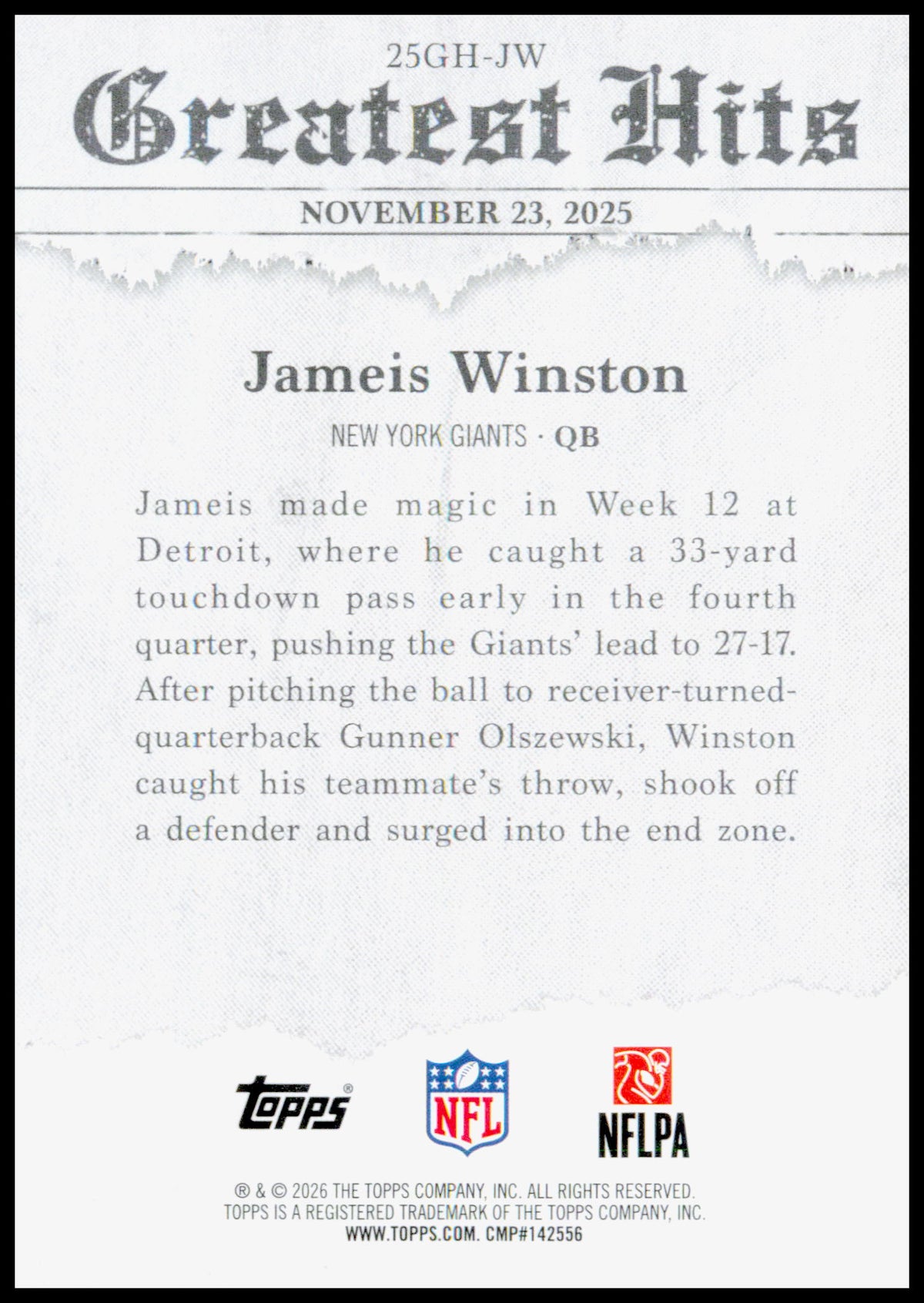 2026 Topps Flagship Jameis Winston Card 2025 Greatest Hits New York Giants