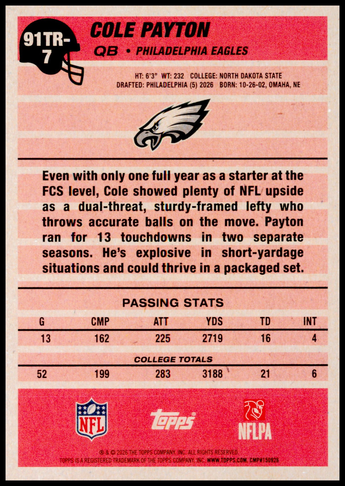 2026 Topps Flagship Cole Payton Card 1991 Topps Football Rookies Eagles