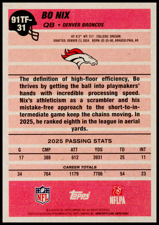 2026 Topps Flagship Bo Nix Card 1991 Topps Football Denver Broncos