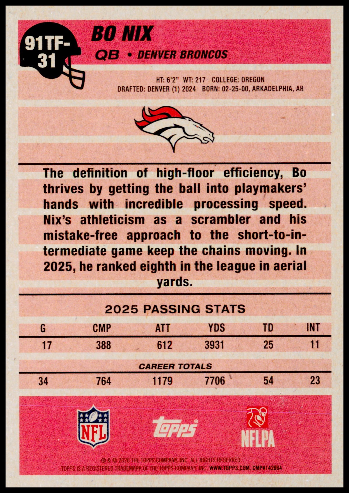 2026 Topps Flagship Bo Nix Card 1991 Topps Football Denver Broncos