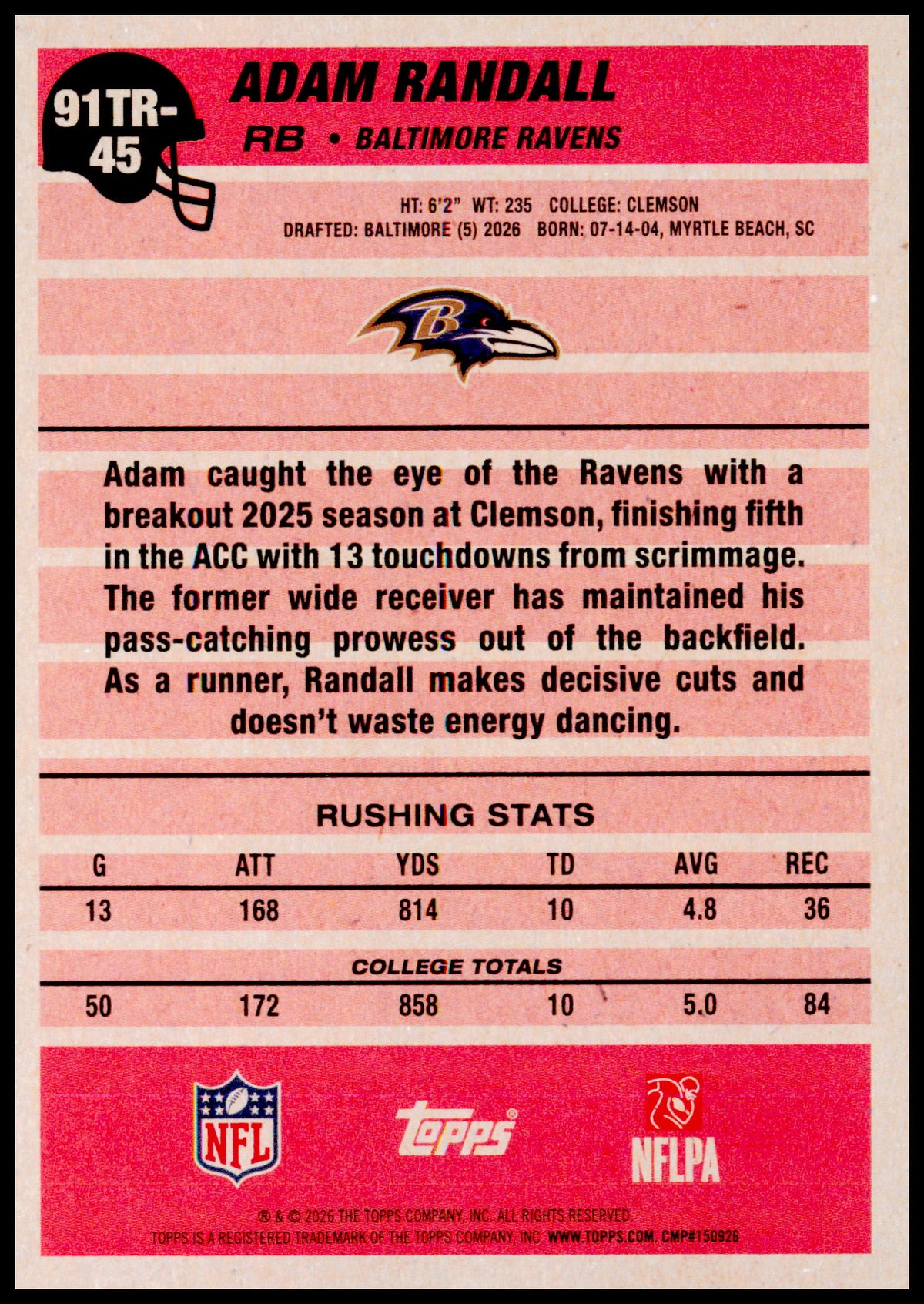 2026 Topps Flagship Adam Randall Card 1991 Topps Football Rookies Ravens