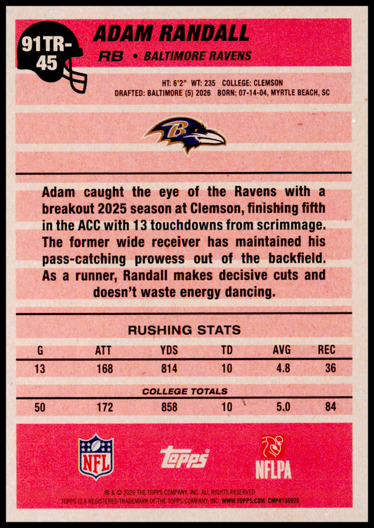 2026 Topps Flagship Adam Randall Card 1991 Topps Football Rookies Ravens