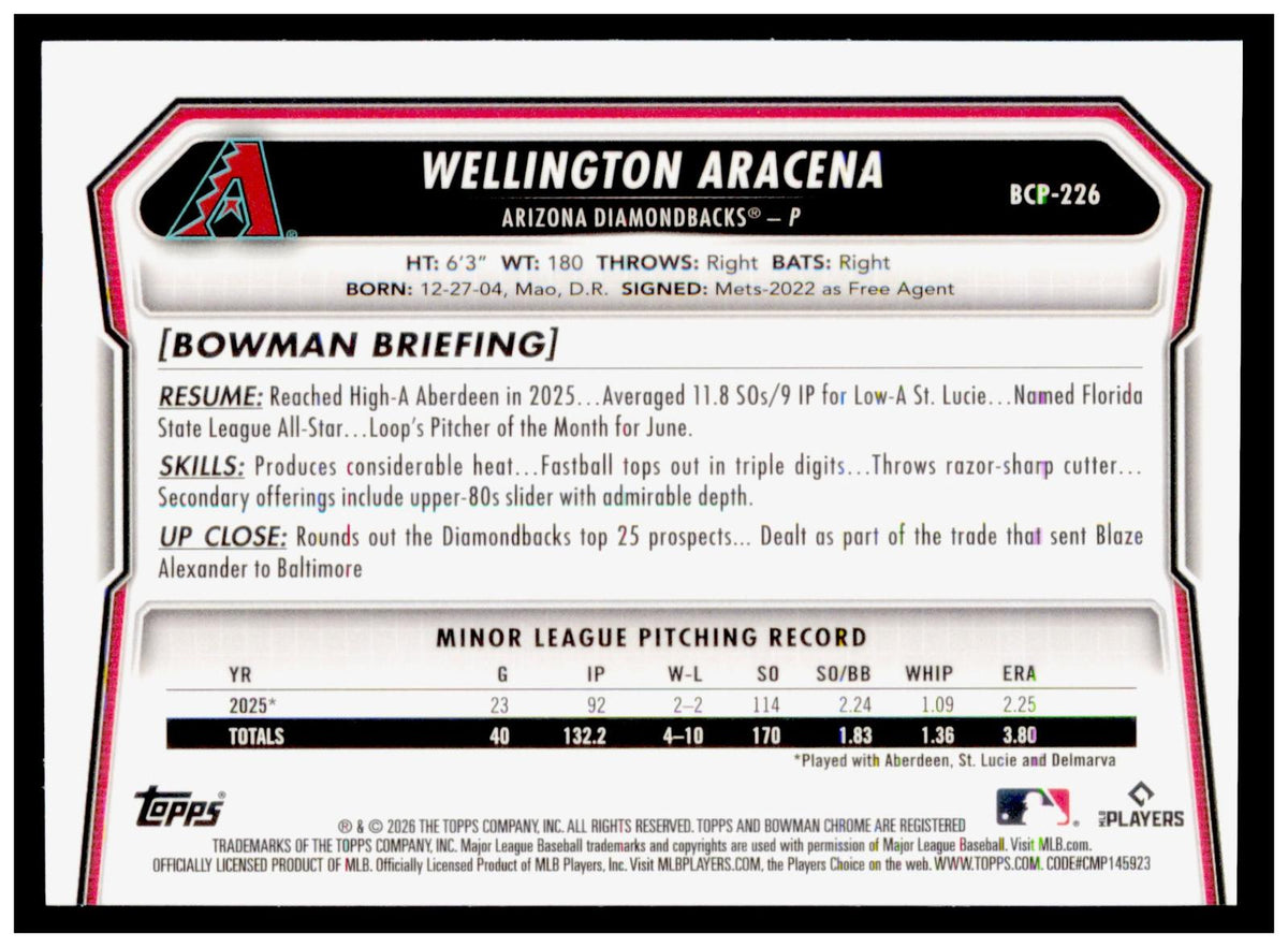 2026 Bowman Chrome Wellington Aracena Card Prospects Arizona Diamondbacks