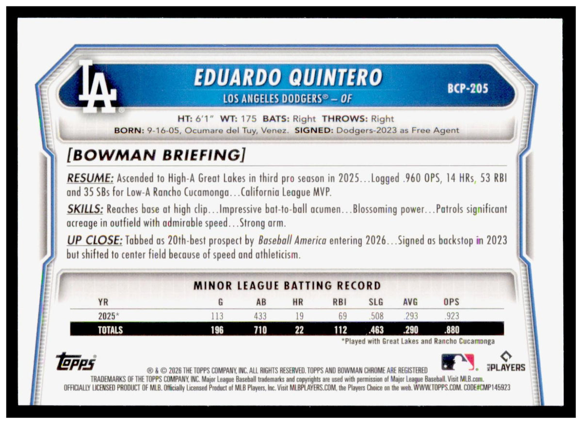 2026 Bowman Chrome Eduardo Quintero Card Prospects Los Angeles Dodgers