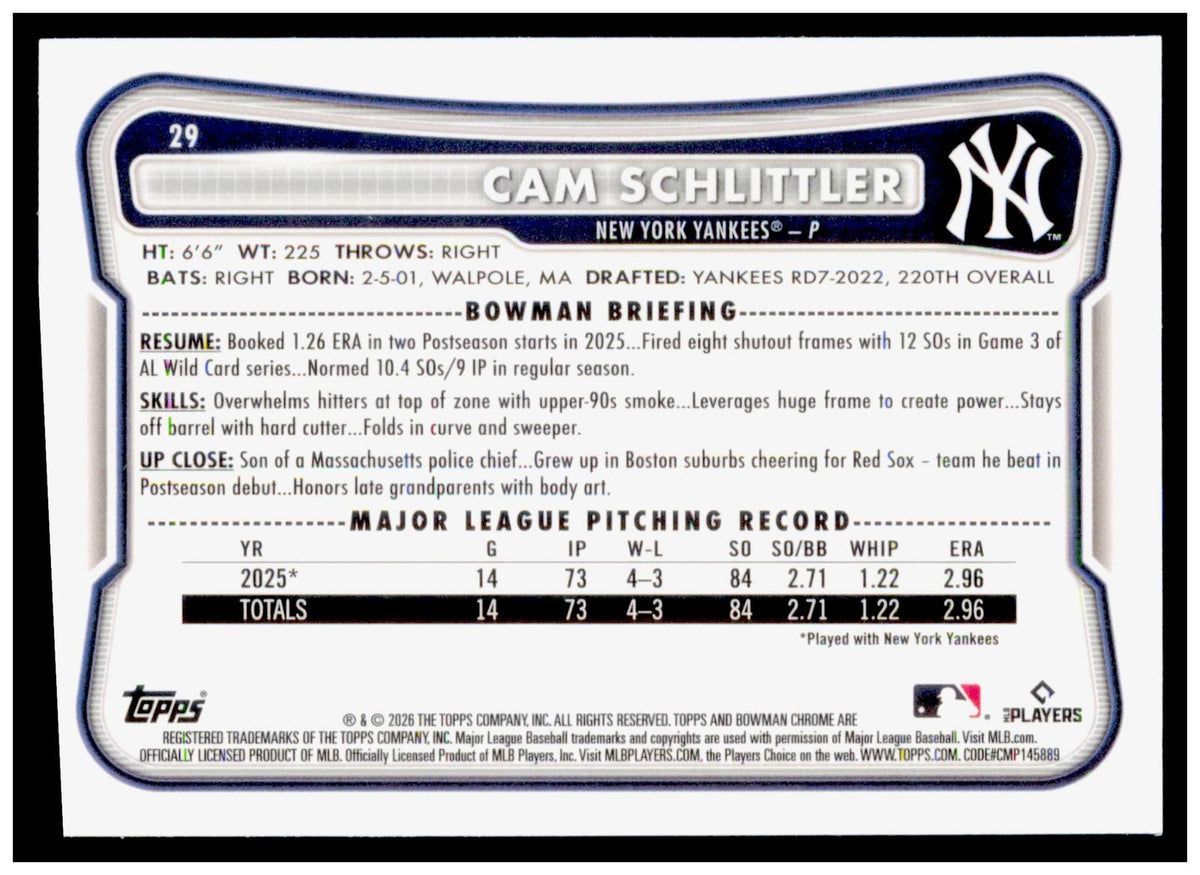 2026 Bowman Chrome Cam Schlittler Card RC New York Yankees