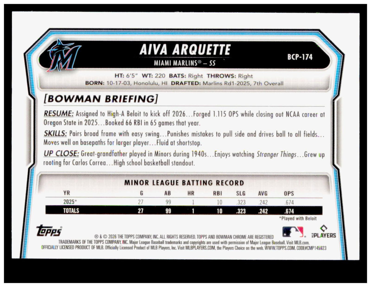 2026 Bowman Chrome Aiva Arquette Card Bowman Miami Marlins