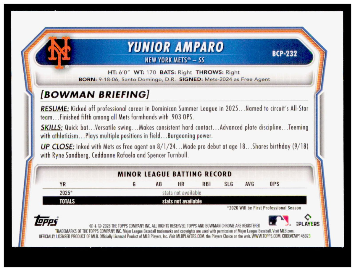 2026 Bowman Chrome Yunior Amparo Card Prospects New York Mets
