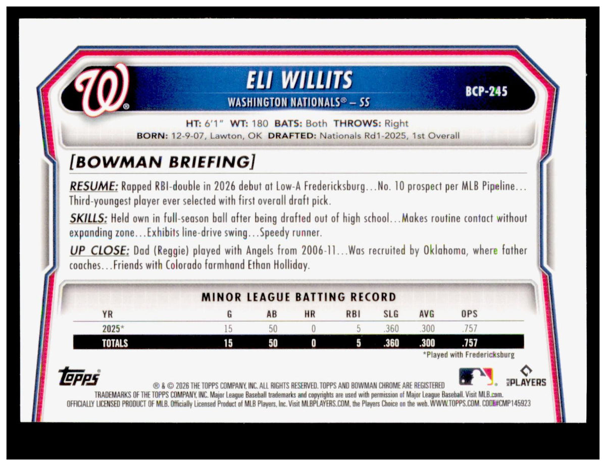 2026 Bowman Chrome Eli Willits Card Prospects Washington Nationals