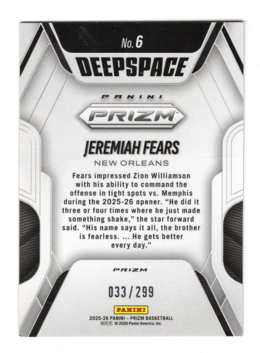 2025-26 Panini Prizm Jeremiah Fears Card Deep Space Prizm Red Pulsar /299
