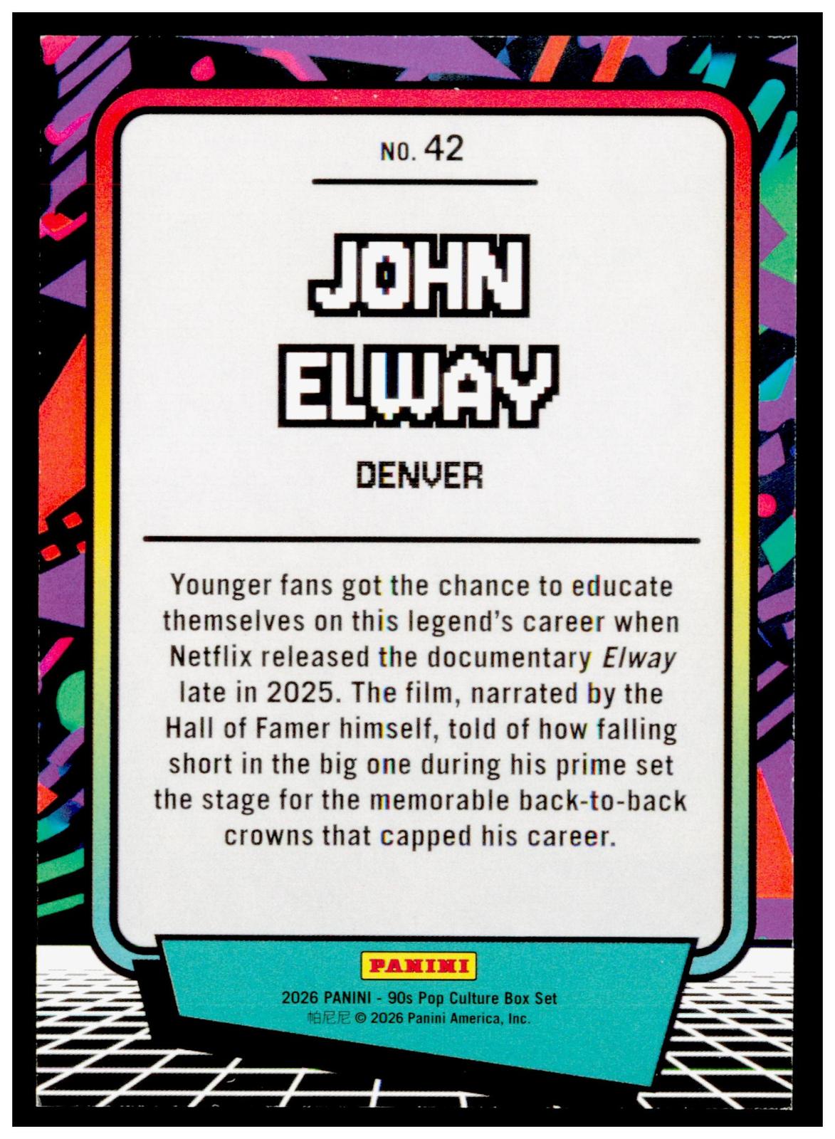 2026 Panini Decades 90s Pop Culture John Elway Card Silver Denver Broncos