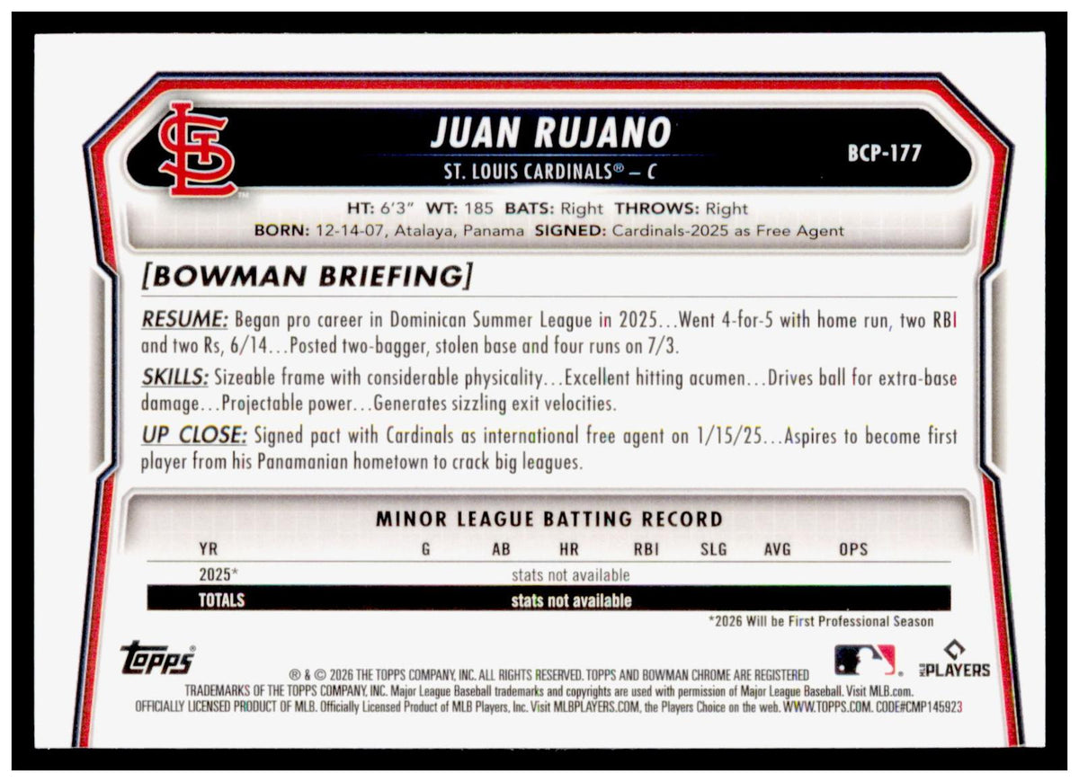 2026 Bowman Chrome Juan Rujano Card Prospects Laser St. Louis Cardinals